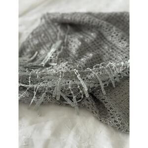 Vintage Open Knit Sequin‎ Wrap Shawl Silver Gray, Fringe Trim
